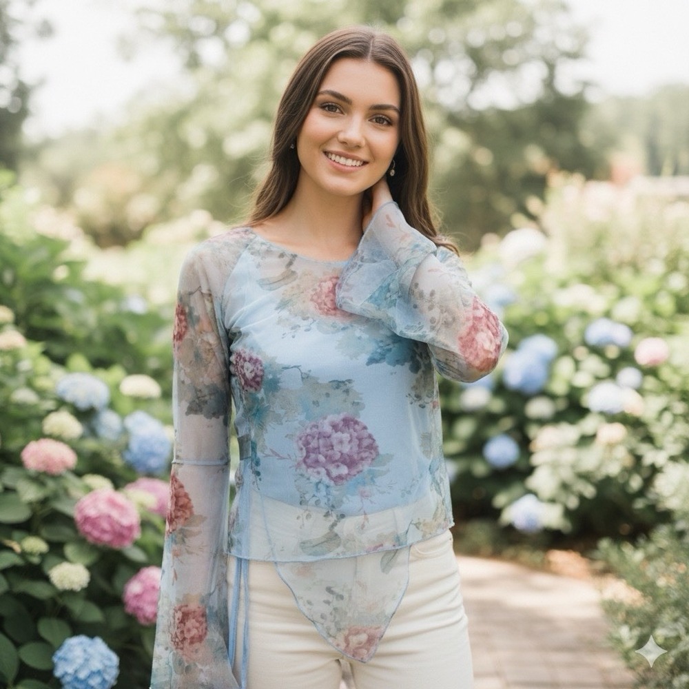 Cider Sky Blue Floral Mesh Sheer Top Long Sleeve Romantic Cottagecore Y2K